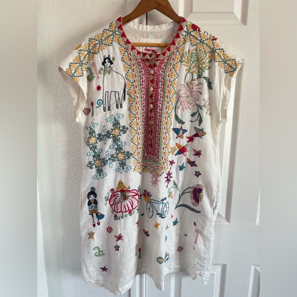 Johnny Was Biya Elektra Dress Linen Embroidered Lined Mini Coastal Resort Size M - Picture 8 of 8